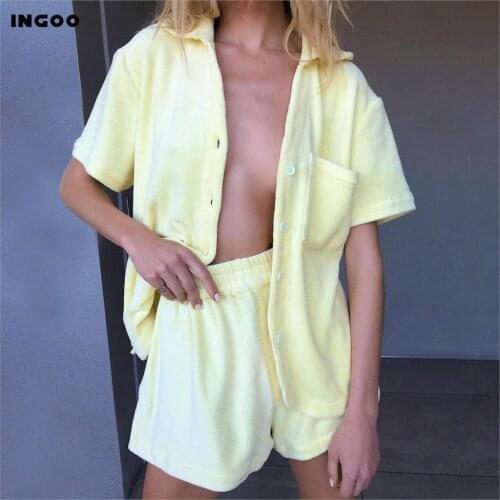 INGOO Casual Short Sleeve Suits Women Solid Single-breasted Pockets Two-piece Home Loose Fashion Plus Velvet Leisure Suit Female