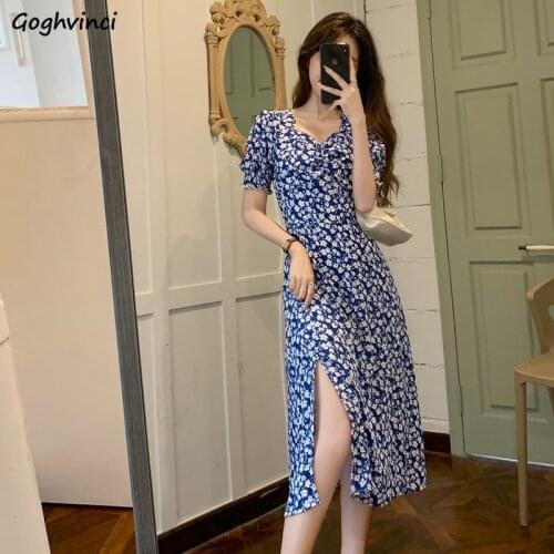 Dress Women Summer French Style Elegant Fashion Side-slit Sundress Puff Sleeve High Waist Holiday Vestido Feminino Streetwear