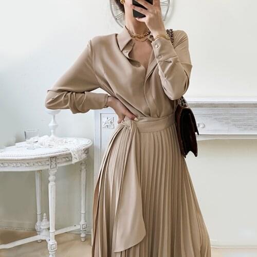 Spring Elegant A-Line Long Sleeve Luxury Vintage Runway Dress for Women High Waist Party 2021 Autumn Solid Apricot Slim