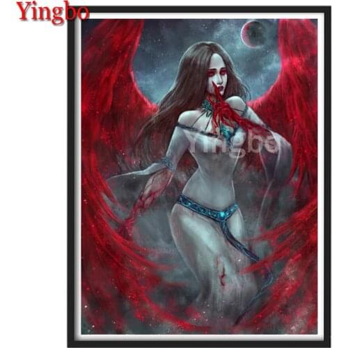 100% Drill Round square Diamond Painting Angel Demon Girl with Red Wings Diamond Mosaic Halloween Decor Picture Of Rhinestone