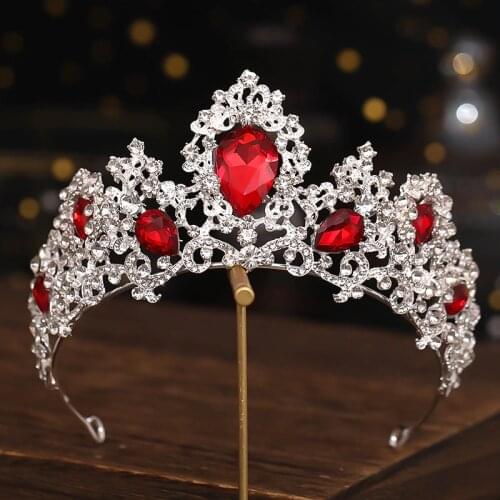 Baroque Luxury Silver Color Red Green Crystal Bridal Tiaras Crowns Rhinestone Pageant Diadem Headband Wedding Hair Accessories
