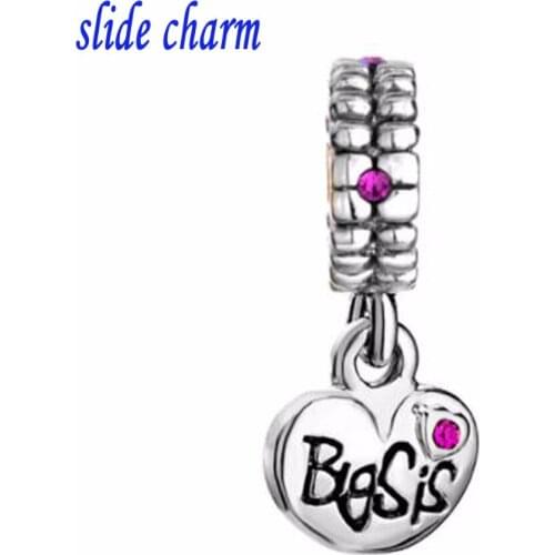 Slide charm Free shipping October Pink Rose Big Sis Heart Love Charm Spacer Dangle charm beads fit Pandora bracelet