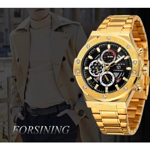 Forsining Multi-Function Three-Eye Six-Needle Men Wristwatches Skeleton Automatic Mechanical Man Watches Clock Relogio Masculi