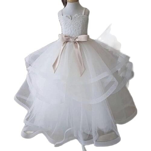 Gardenwed Ivory Lace Tulle Scoop Celebrity Dresses Satin Kids Bow Sashes Prom Dress Backless Layers Flower Girl Dresses,Vestido