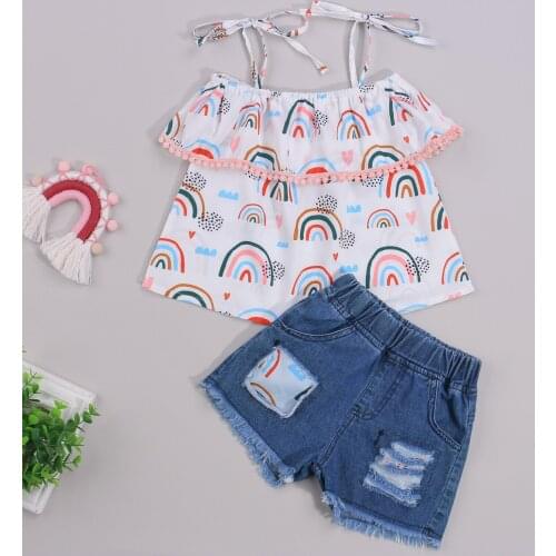 FOCUSNORM 2pcs Infant Kids Girls Clothes Sets 1-6Y Rainbow Printed Off Shoulder Tassel T Shirts Tops Denim Shorts