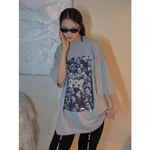 Street retro figure print T-shirt womens loose summer hip hop salt short sleeve top fashion tees