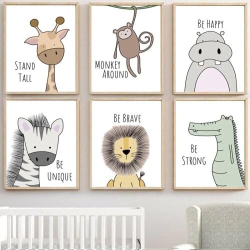 Cute Cartoon Animal Decorative Picture Be Brave Be Strong Childrens Room Kindergarten Frameless Canvas Painting Wall Art Kids