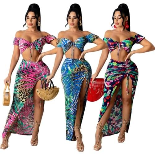 Adogirl Leaf Leopard Print Drawstring 2 Piece Set Dress Off Shoulder Short Sleeve Lace Up Crop Top Maxi Skirt Summer Beach Suit