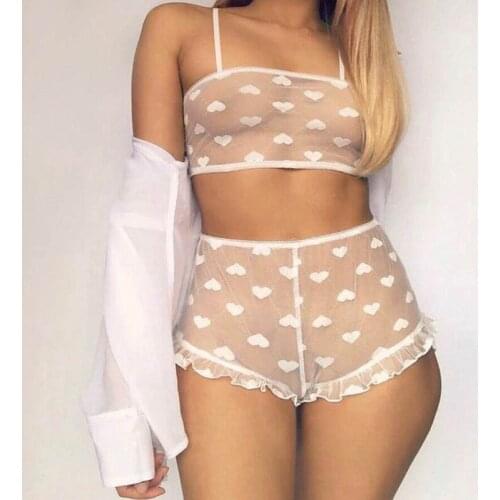 Womens Perspective 2Pcs Lace Lingerie Set, Heart Printed Bustier Sling Tops with Ruffled Lace Decorations Boxer Briefs