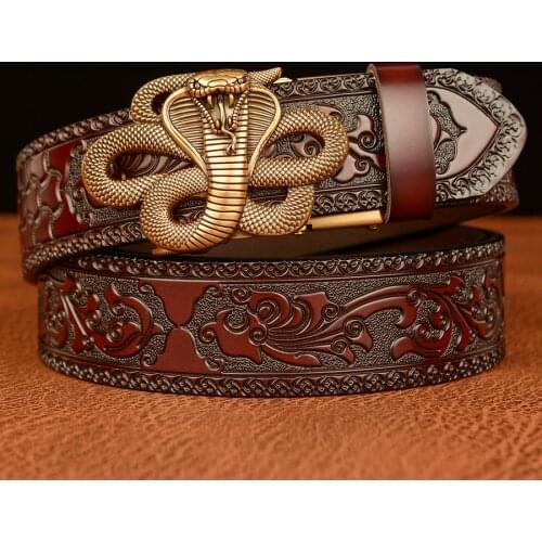 Genuine Leather Men Belts Luxury High Quality Snake Automatic Buckle Leather Belts for Men Causal Flower Pressed Male Strap