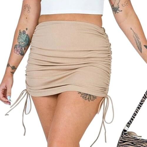 MXMA Women Summer High Waist Ribbed Knitted Sexy Bodycon Mini Skirt Side Ruched Drawstring Solid Color Package Hip Pleated