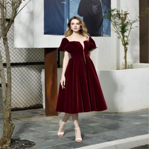 2019 New Evening Dress button Velvet fabric Burgundy lace up Party Gowns