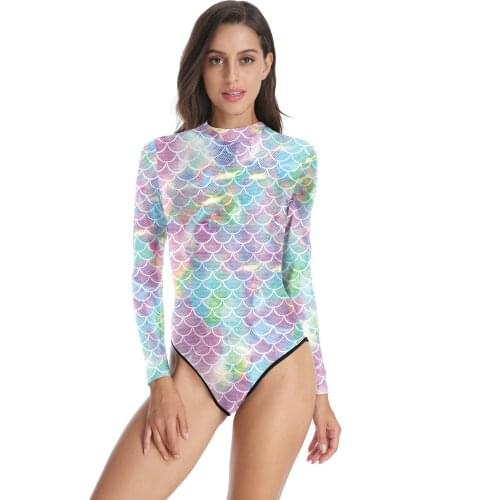Original Digital Mermaid Scale Print One Piece Swimsuit Water Sports Womens Long Sleeve Surfing Suit Diving Suit 38