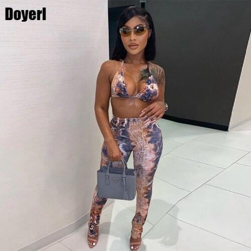 Summer Sexy Two Piece Sets for Women Skinny 2 Piece Sets Womens Outfits Club Outfits Halter Bra Top and Printed Leggings Set