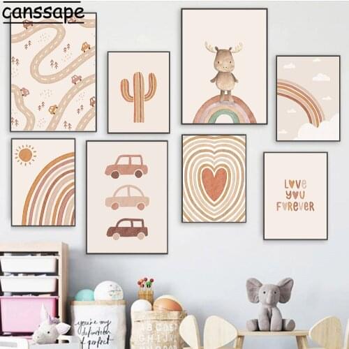 Rainbow Posters Cactus Wall Art Print Heart Paintings Cow Poster Nordic Canvas Painting Nursery Wall Pictures Chilren Room Decor