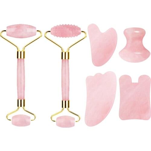Natural Rose Quartz Jade Roller Face Massager Real Jade Gouache Scraper Facial Massager Jade Facial Roller Set Guasha Board