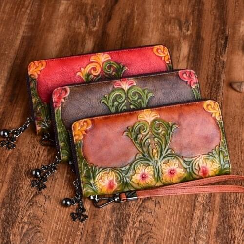 First Layer Cow Leather Luxury Women Hand Wallet 2021 Spring Retro Embossed Floral Large Clutch Wallets Card Holder Phone Purse