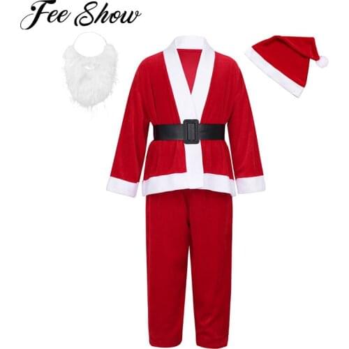 Christmas Santa Claus Suit For Kids Boys Xmas New Year Red Outfit Long Sleeves Tops Hat Beard Trousers Child Halloween Cosplay