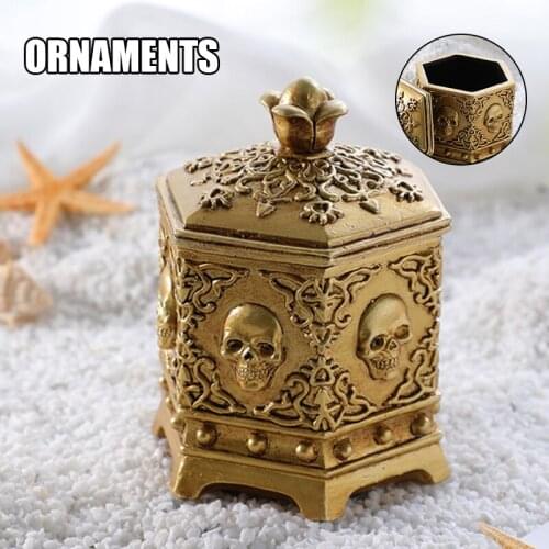 Vintage Golden Sixs-Sided Skull Jewelry Box Jewelry Storage Dust Box for Home Decor For Office Car Desktop d88