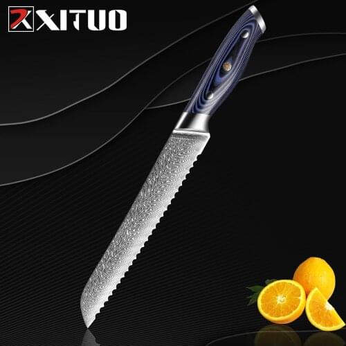 XITUO 8 inch Damascus Steel Serrated Bread Knife Kitchen Knives Cutter For Cutting Bread Cheese Cake Baking tools G10 Handle