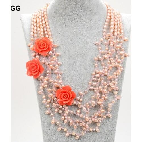 GuaiGuai Jewelry 6 Rows Natural Pink Pearl Crystal Red Resin Flower Necklace 22" For Women