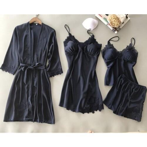 Women Sexy Lace Pajamas Nightdress Faux Silk Lace Pyjamas Femme Home Robe 4pcs Sleep Lounge Set Night Dress Bathrobe Nightwear