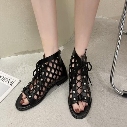 2021 Women Wedge Heel Sandals Peep Toe Hollow Out Gladiator Sandals Lace Up Flats Black Summer Shoes Breathable Ankle Sandals