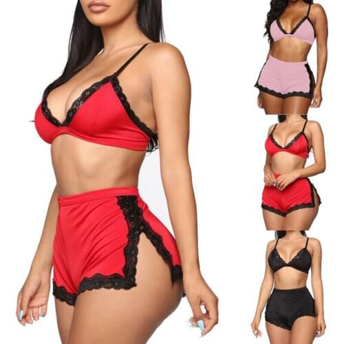 Hirigin Women Pajamas Sets Sexy Sleeveless Lace Bra Tops High Waist Split Shorts 2pcs PJ Sets Summer Underwear Sleepwear Suits