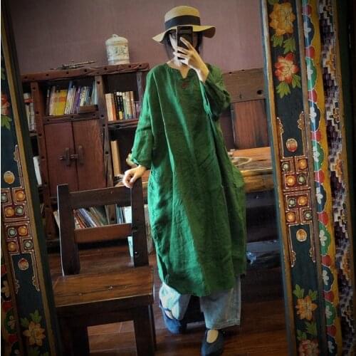 Women Washed Linen Robe Dress Ladies Vintage Flax V Neck Dresses Female Plus Size Dresses 2020 Summer Autumn Loose Dress