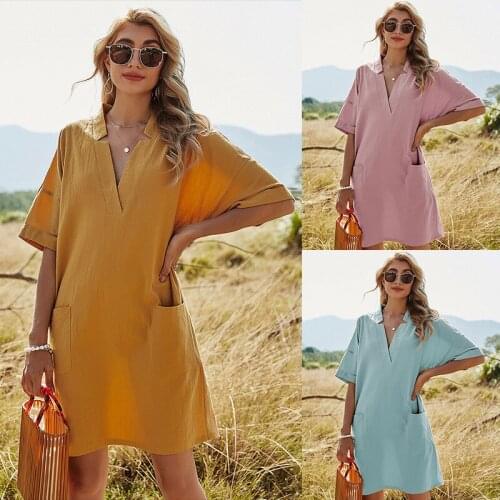 Summer Casual V-Neck Women A-line Dress Simple Beach Shirt Short Sleeve Lady Korean Style Pocket Boho Solid Color Dress