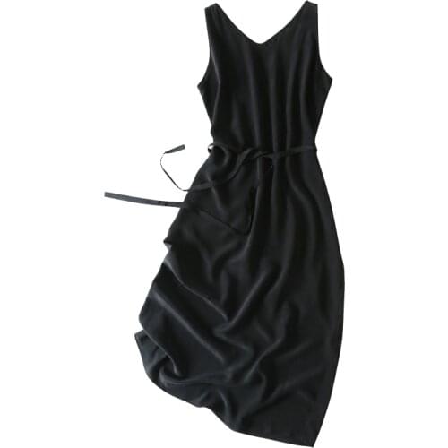 Women Summer Silk Dress V neck Black Vintage Natural silk dresses Elegant solid color Dress Casual holiday real silk long dress