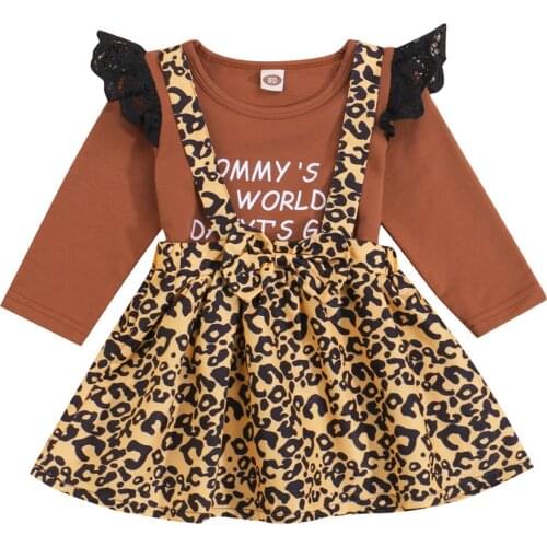 2021 0-4Y Autumn Kids Baby Girl Clothes Set Lace Shoulder Letter Print Long Sleeve T-shirt+Leopard Print Suspender Skirt 2pcs