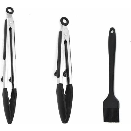 3 Pieces Silicone Food Tongs Brusher Stainless Steel Non-slip Cooking Clip Clamp BBQ Tools Grill Kitchen Accessories