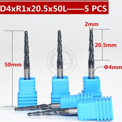 5PCS R1*D4*20.5*50L CNC Tungsten solid carbide Tapered Ball Nose End Mill taper and cone end mills,woodworking router