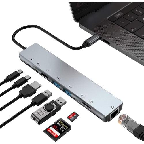 8 in 1 USB TYPE C Hub Aluminum Alloy USB 3.0 Adapter PD Charging SD &TF Card Reader HDMI 4K support