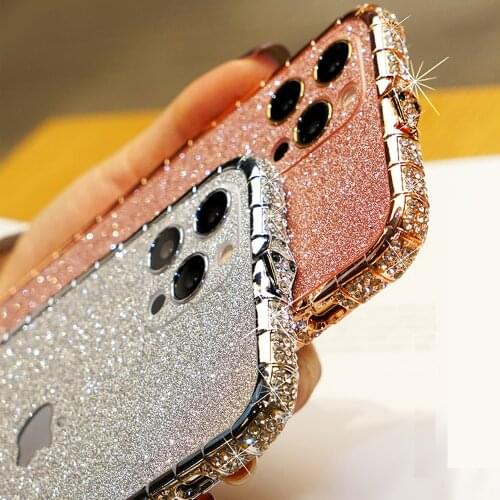 Bling Rhinestone Case Bumper For iPhone 12 Pro Max Diamond Frame Flash Glitter Sticker Cover For iPhone 12 mini Feminine