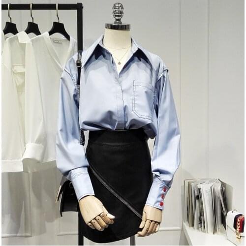 Womens Spring Summer Runway Fashion White Blue Shirt Female Casual Loose Office Lady Basic Blouse Tees Tops TB1695