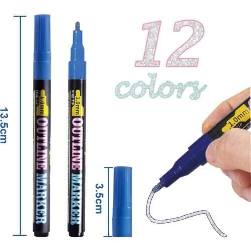 Double Line Outline Marker Pens 12 Colours Metallic Outline Markers Pens Self-outline Metallic Markers Double Line Pen
