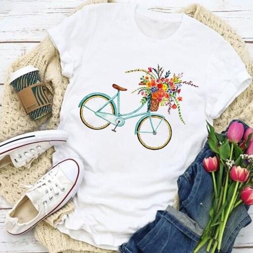 2021 Womens T-shirt Bicycle Flower T-Shirt Fashion Romantic Vintage Short Sleeve Old Bikes Print White Casual Tops V