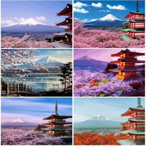 GATYZTOR Oil Painting By Number Landscape Kits Drawing On Canvas HandPainted Art Gift DIY Pictures Cherry Blossoms Home Decor