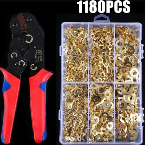 1180pcs M3/M4/M5/M6/M8/M10 Ring Lugs Ring Eyes Copper Crimp Terminals Cable Lug Wire Connector Non-insulated + Criming Plier