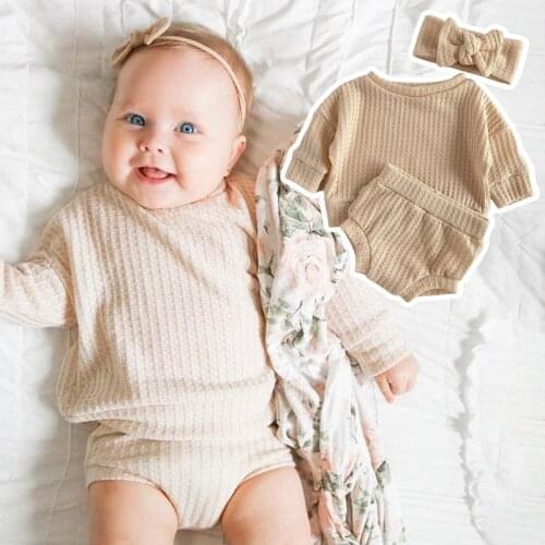 Neutral Baby Autumn Waffle Outfit Set Baby Girl Boys Sweater Bloomers Toddler Newborn Top Shorts 2pc Spring Winter Home Baby Set