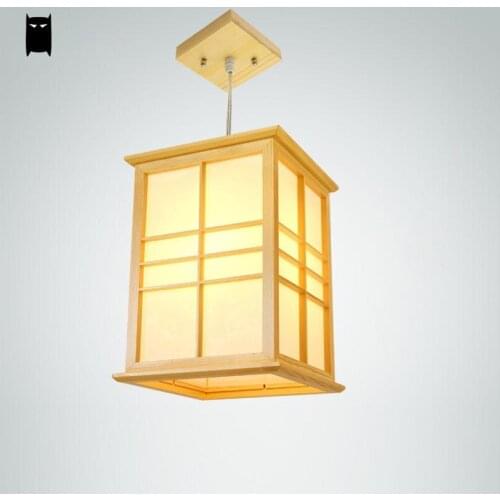 Square Oak Wood Tatami Pendant Light Fixture Country Japanese Style Suspension Ceiling Lamp Avize Dining Table Room Restaurant