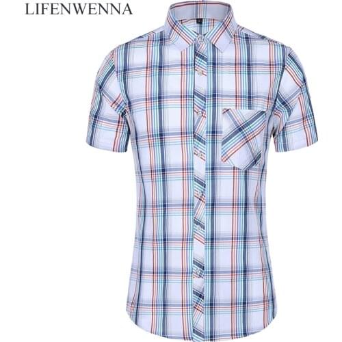 LIFENWENNA New Fashion Plaid Shirt Men Summer Casual Short Sleeve Shirts Mens Plus Size Beach Hawaiian Tops Blouse Male 6XL 7XL
