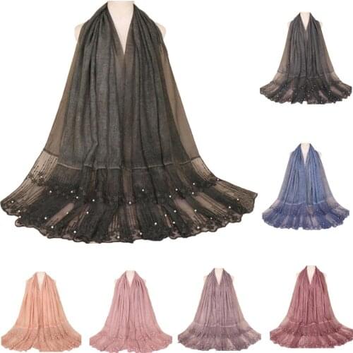 New Muslim Womens Cotton Linen Hijab Lace Beaded Long Scarf Shawl Wraps Scarves Islamic Turban Headscarf Flower Hijabs 180*85cm