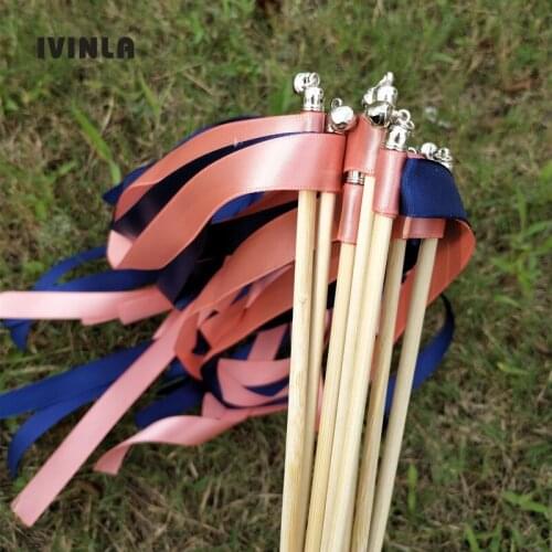 50pcs/lot royal and pink ribbon wands with sliver bell for wedding decoration