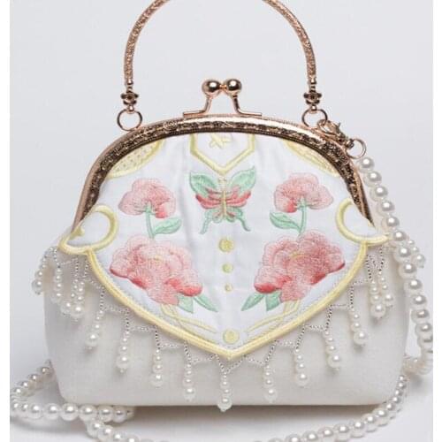 Luxury Court Chinese Frame Bag Embroidery Butterfly Kiss Lock Top Handle Pearl Tassel Crossbody Bags Flap Shell Handbag Totes