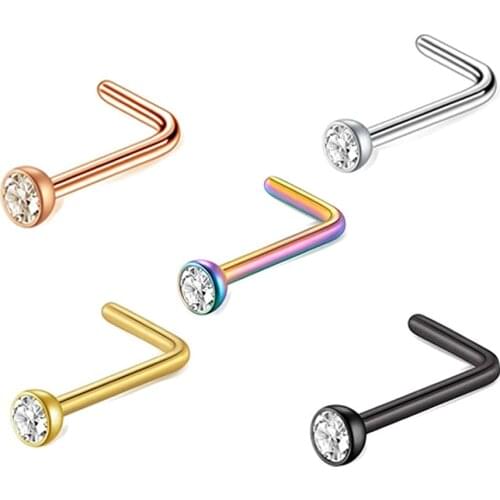 TIANCIFBYJS Stainless Steel Nose Stud Set Round CZ Crystal Nose Piercings L Shape Nostril Piercing Jewelry 20g Nose Rings Pin