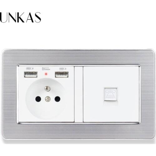 UNKAS Stainless Steel Brushed Silver Frame French Standard Socket with 2 USB +1 Gang RJ11 2 Core Telephone Connector Connector