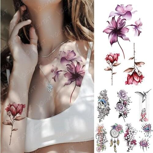 Waterproof Temporary Tattoo Sticker Dark Rose Lily Line Flowers Tattoos Girl Bird Lotus Body Art Arm Fake Sleeve Tatoo Women Men